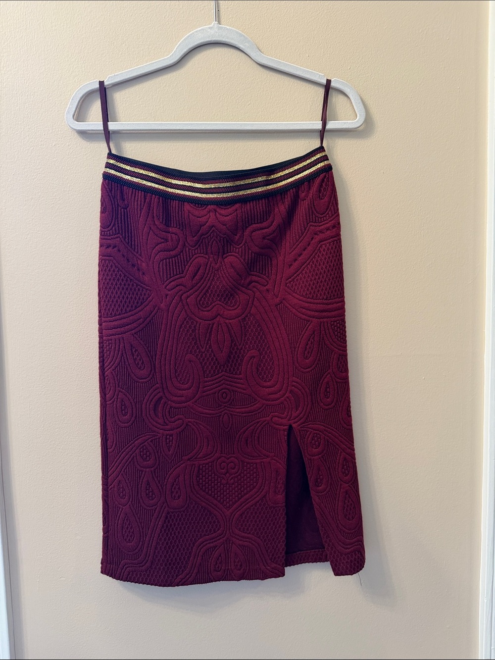 Maeve Burgundy Textured Midi Skirt with Metallic-Trim Waistband